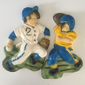 Vintage Set of 2 Baseball Football Boy Player Plaque Wall Hanging Art 1972 Rare